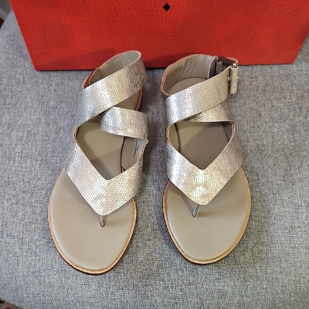 Donald J. Pliner Metallic Silver Lizard Print Crisscross Toe-Post Sandals New